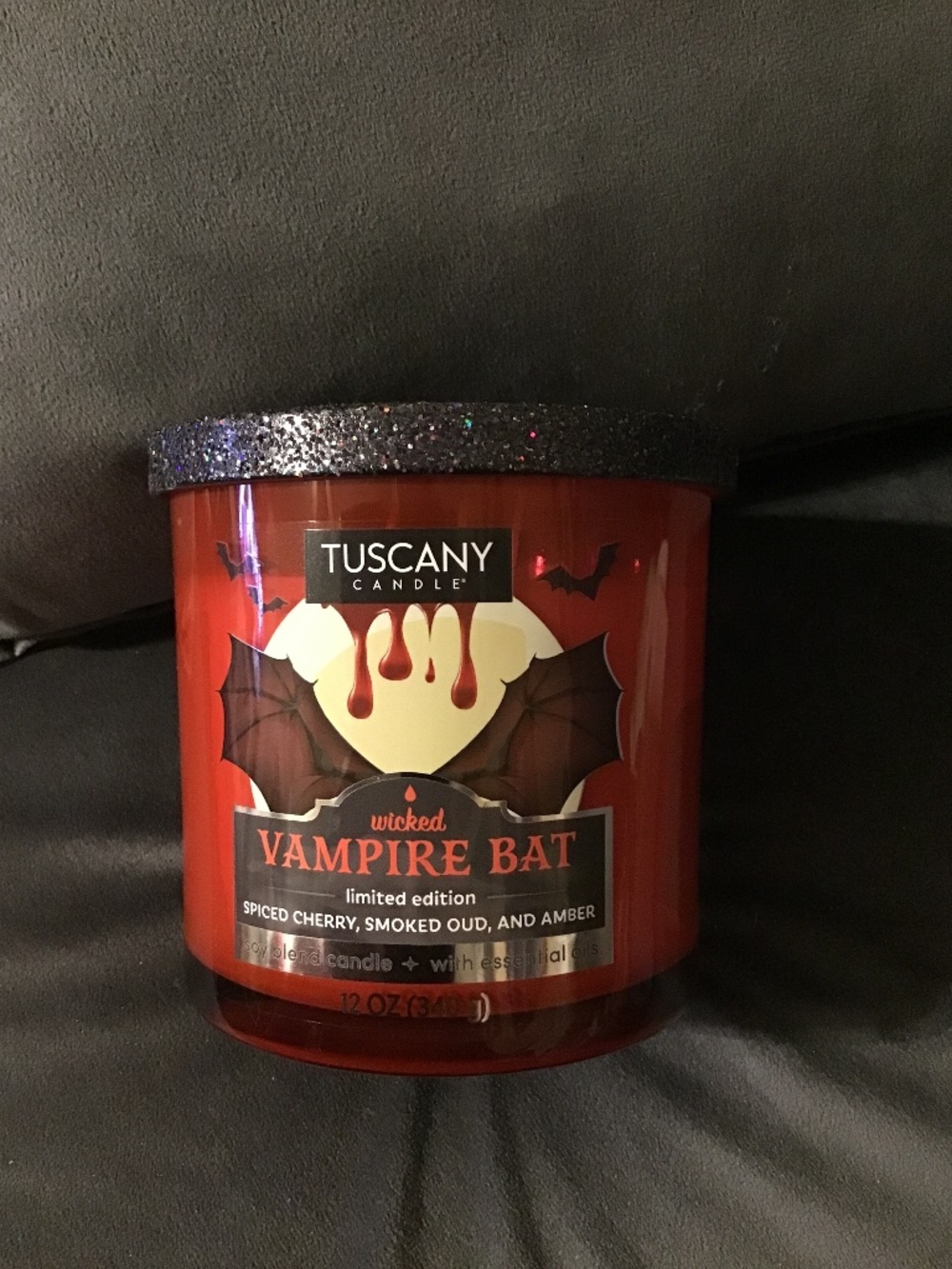 Tuscany wicked Vampire Bat 12 oz.Candle- cherry,smoked oud&Amber -Halloween New!